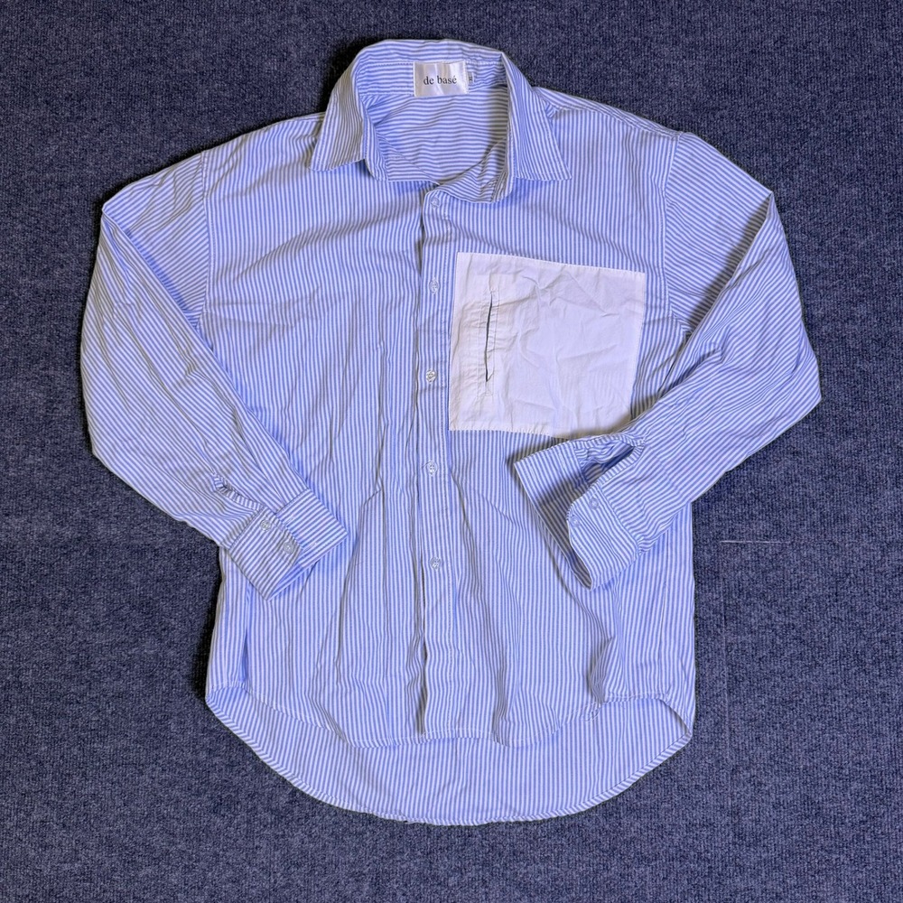 De Base Mens XL Blue White Striped Long Sleeve Button Down Shirt Contrast Pocket